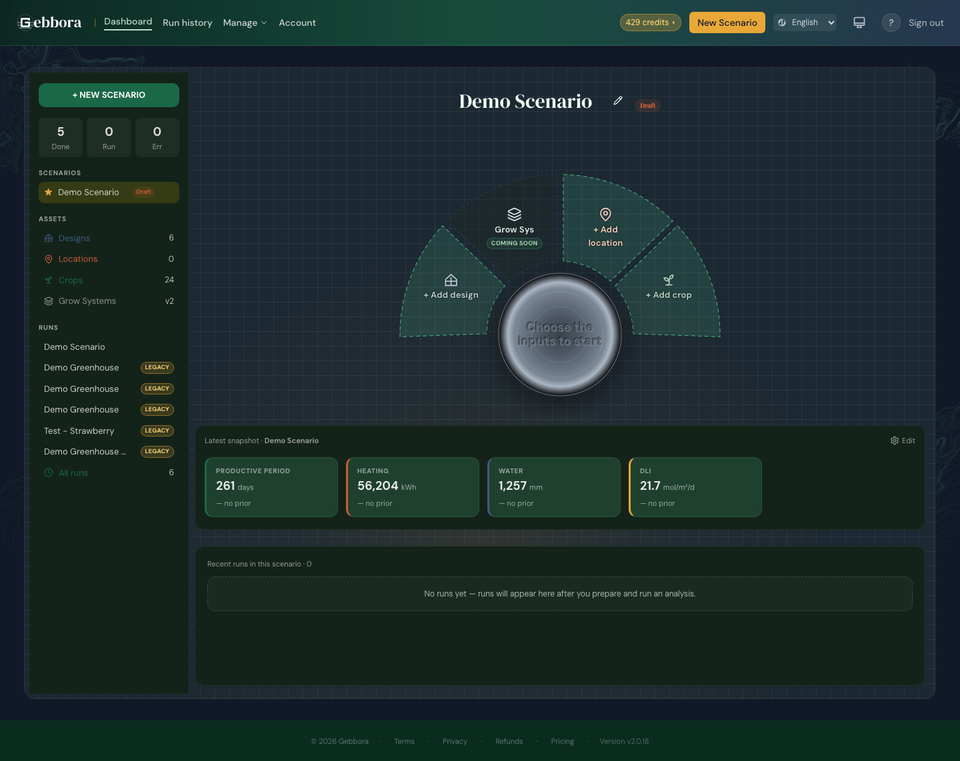 مركز لوحة Greenhouse Simulator -- المشاريع والتحليلات الأخيرة وشريط مؤشرات الأداء