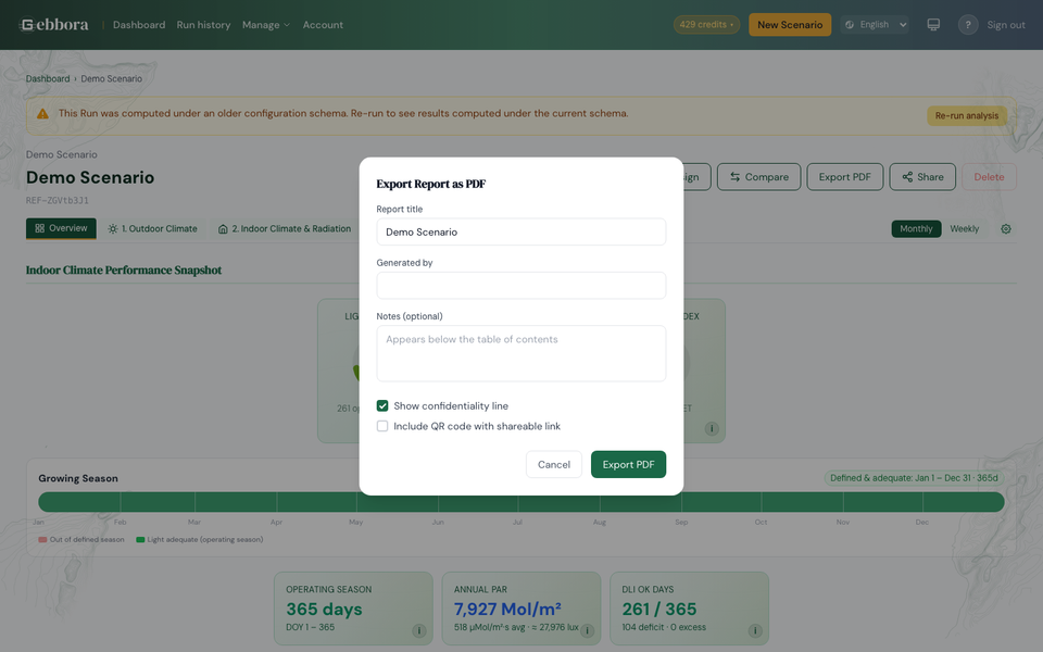 نافذة تصدير تقرير PDF -- عنوان وموَلِّد وملاحظات وسرية ورمز QR قابلة للتكوين